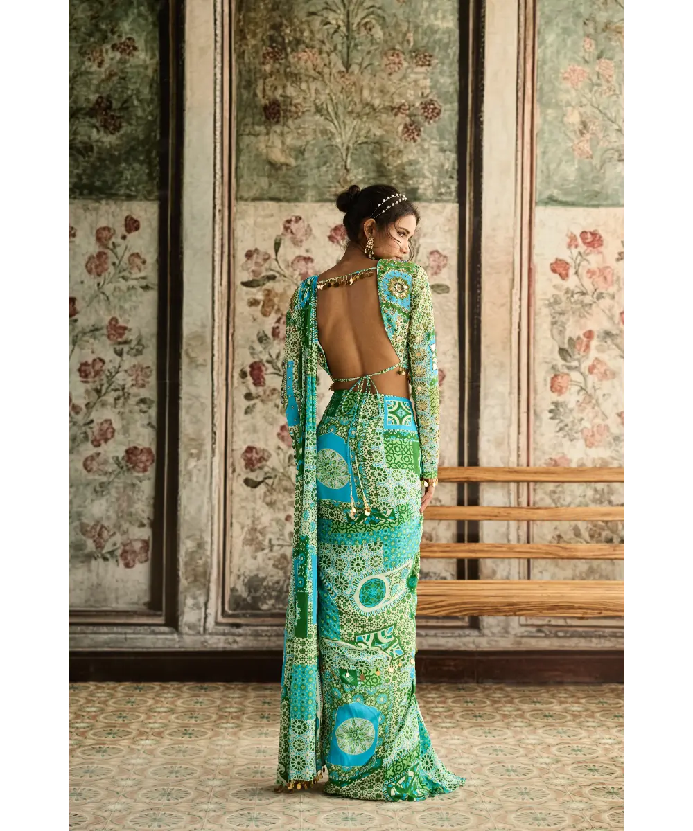 DIYARAJVVIR - Aqua Print and Highlighted Dhoti Saree Set